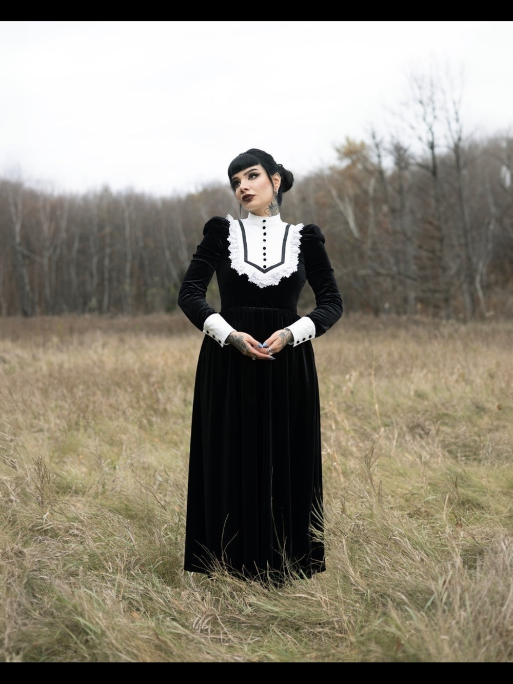Black Velvet Long-Sleeve Maxi Dress with White Lace Bib